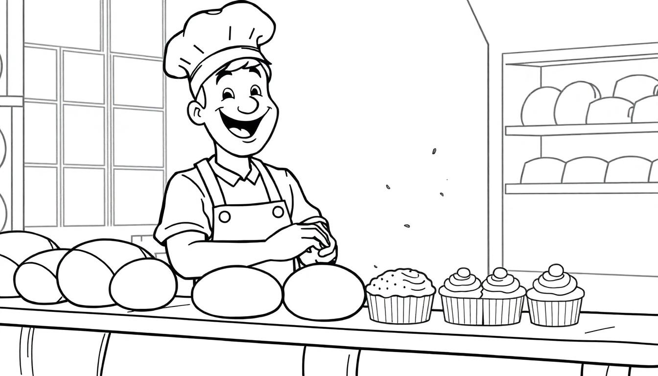 Eine Schwarz-Weiß-Farbtafel eines fröhlichen Bäckers mit Kochmütze und Schürze, der in einer Bäckerei hinter einem Tisch mit Brot und Muffins steht.