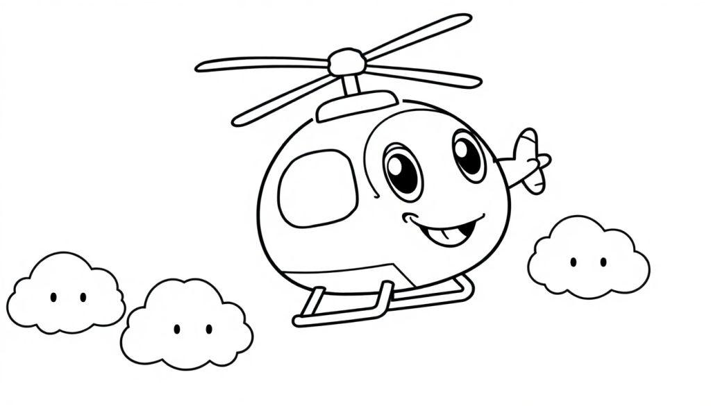 Eine schwarz-weiße Farbtafel mit einem freundlichen Cartoon-Hubschrauber und wolkigen Freunden.