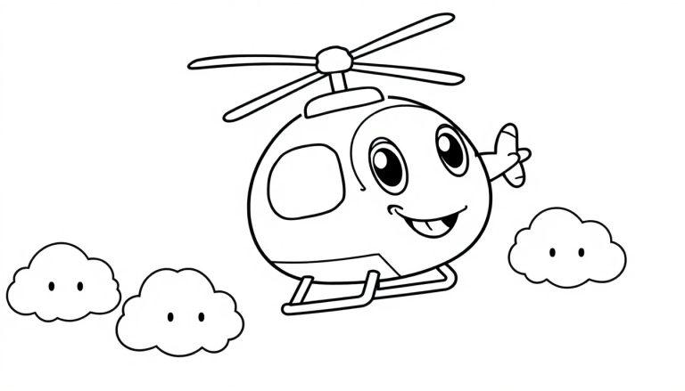 Eine schwarz-weiße Farbtafel mit einem freundlichen Cartoon-Hubschrauber und wolkigen Freunden.