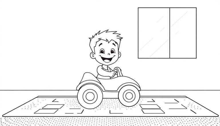 Schwarz-weiße Farbtafel eines glücklichen Jungen mit kurzen Haaren, der in einem Spielzeugauto sitzt und das Lenkrad hält.