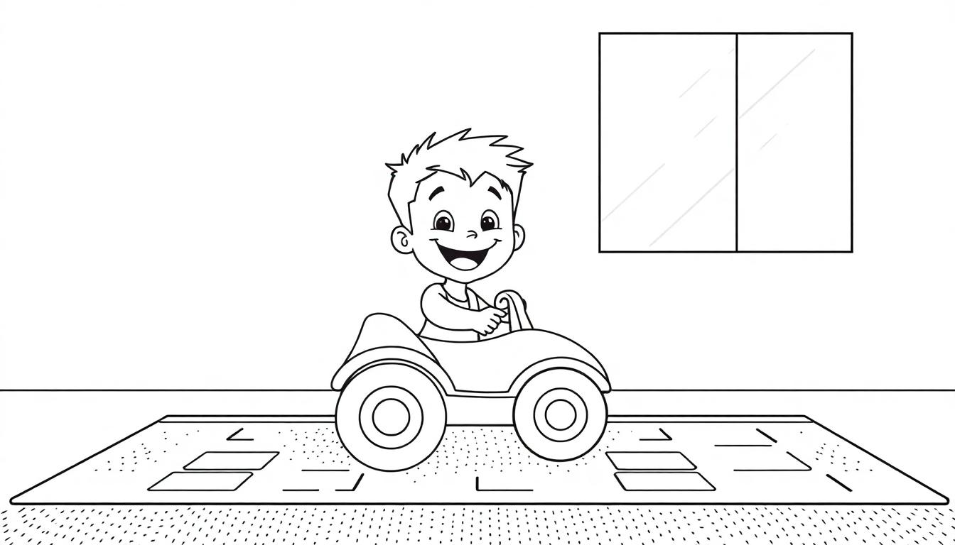 Schwarz-weiße Farbtafel eines glücklichen Jungen mit kurzen Haaren, der in einem Spielzeugauto sitzt und das Lenkrad hält.