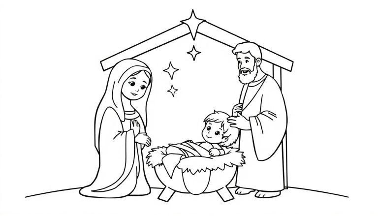 Eine Schwarz-Weiß-Farbtafel-Zeichnung einer Krippenszene mit Maria, Josef und Jesus. Maria kniet neben dem Baby, während Josef seine Hand auf den Kopf legt. Drei Sterne sind über der Szene zu sehen.