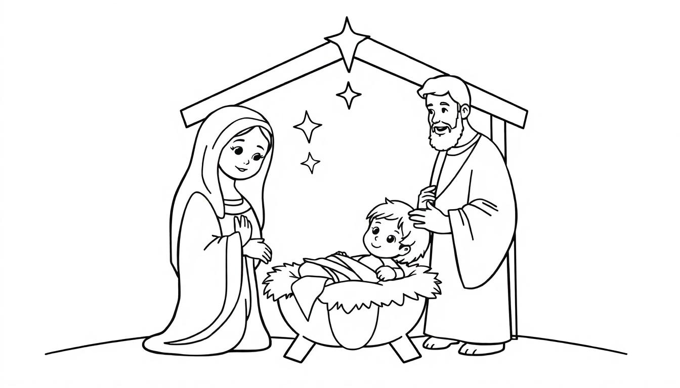 Eine Schwarz-Weiß-Farbtafel-Zeichnung einer Krippenszene mit Maria, Josef und Jesus. Maria kniet neben dem Baby, während Josef seine Hand auf den Kopf legt. Drei Sterne sind über der Szene zu sehen.