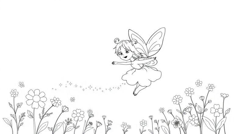 Schwarz-Weiß-Farbtafel: Eine kleine Fee mit Schmetterlingsflügeln fliegt über Blumen und hinterlässt eine Spur von Glitzerstaub.