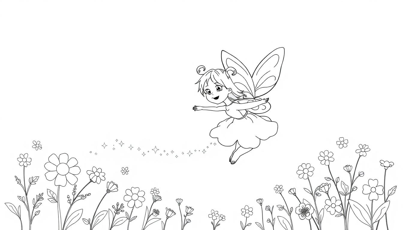 Schwarz-Weiß-Farbtafel: Eine kleine Fee mit Schmetterlingsflügeln fliegt über Blumen und hinterlässt eine Spur von Glitzerstaub.