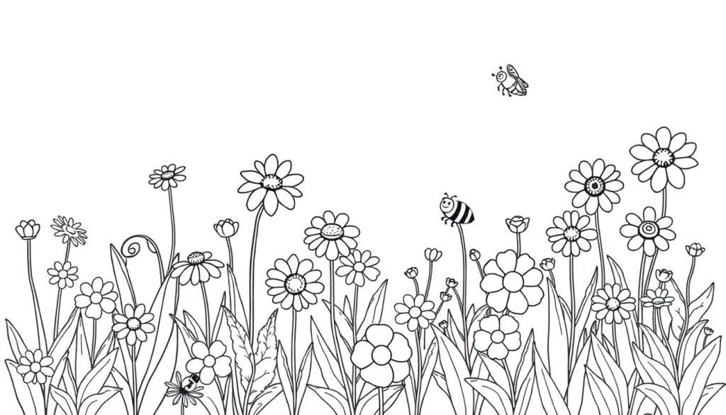 Schwarz-weiß-Farbtafel einer Wiese mit Gänseblümchen und zwei fliegenden Bienen.