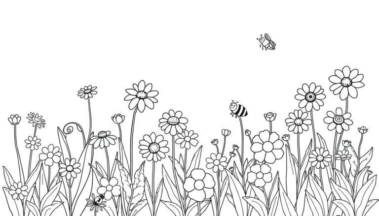 Schwarz-weiß-Farbtafel einer Wiese mit Gänseblümchen und zwei fliegenden Bienen.