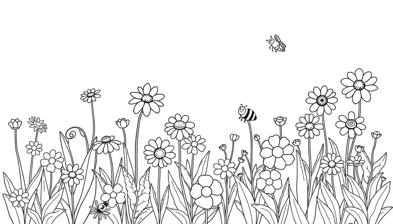 Schwarz-weiß-Farbtafel einer Wiese mit Gänseblümchen und zwei fliegenden Bienen.