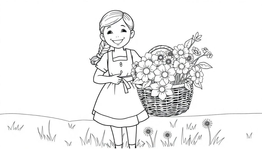 Schwarz-weiß Farbtafel eines fröhlichen Dirndl-Mädchens mit einem Korb voller Blumen.