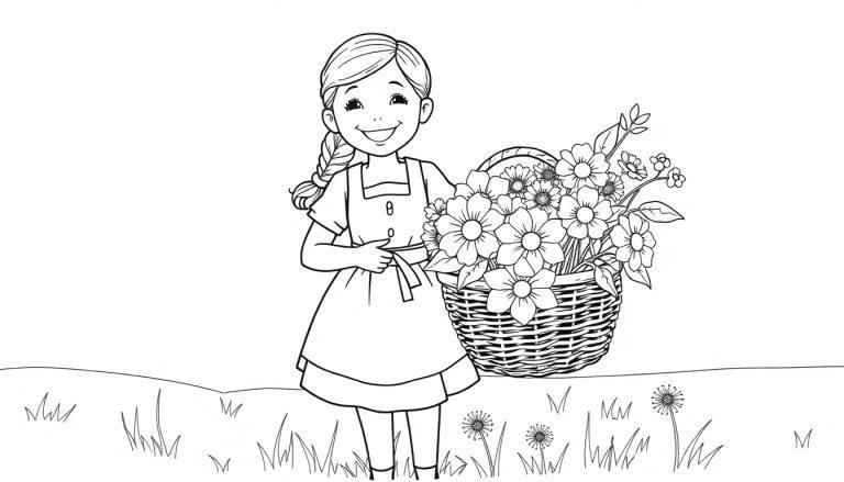 Schwarz-weiß Farbtafel eines fröhlichen Dirndl-Mädchens mit einem Korb voller Blumen.