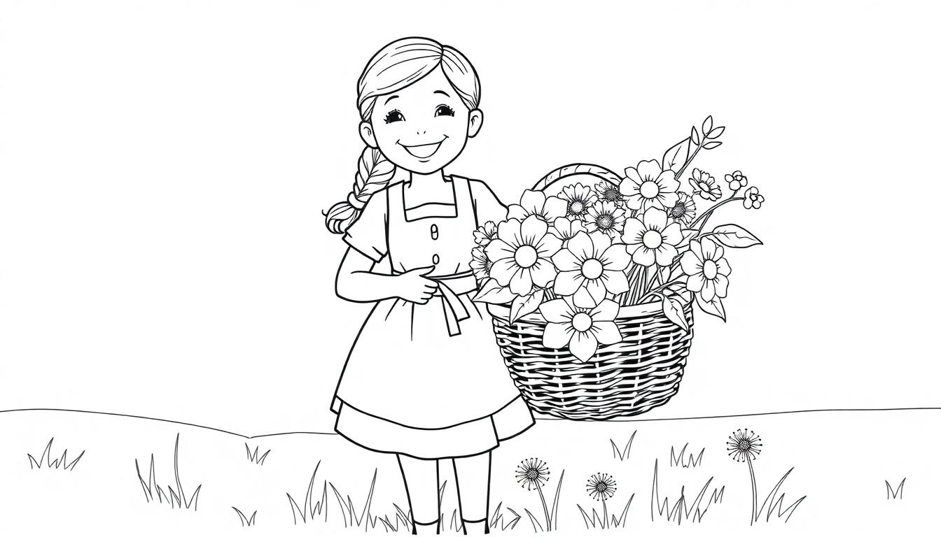Schwarz-weiß Farbtafel eines fröhlichen Dirndl-Mädchens mit einem Korb voller Blumen.