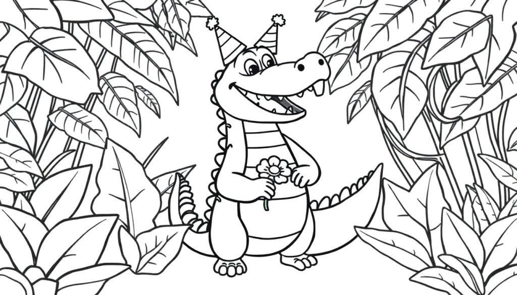 Farbtafel: Cartoon-Alligator im Dschungel mit Geburtstagshut und Blume.