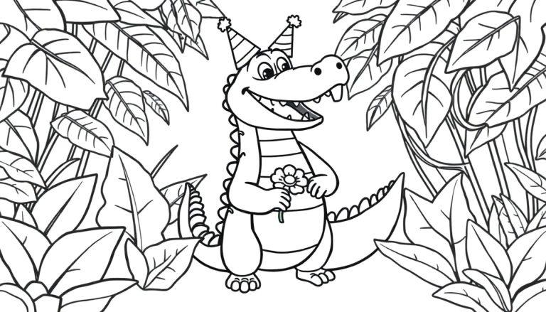 Farbtafel: Cartoon-Alligator im Dschungel mit Geburtstagshut und Blume.