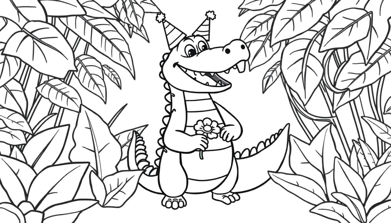 Farbtafel: Cartoon-Alligator im Dschungel mit Geburtstagshut und Blume.