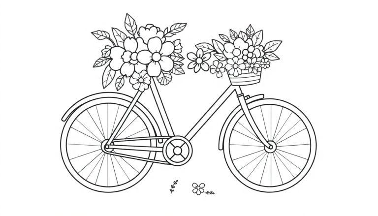 Schwarz-weiße Fahrrad-Farbtafel mit Blumenkorb vorne und Blumen hinten.