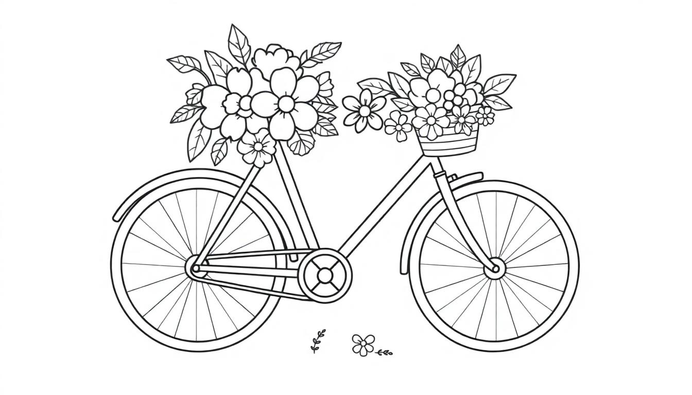 Schwarz-weiße Fahrrad-Farbtafel mit Blumenkorb vorne und Blumen hinten.