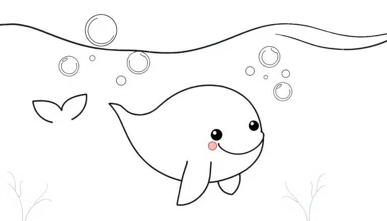 Farbtafel: Niedlicher Cartoon-Wal mit einem freundlichen Lächeln und großen Augen schwimmt unter der Wasseroberfläche.