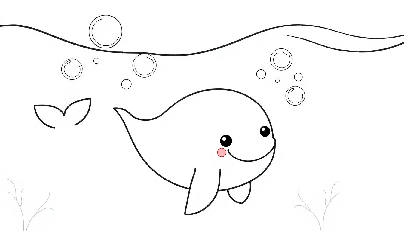 Farbtafel: Niedlicher Cartoon-Wal mit einem freundlichen Lächeln und großen Augen schwimmt unter der Wasseroberfläche.