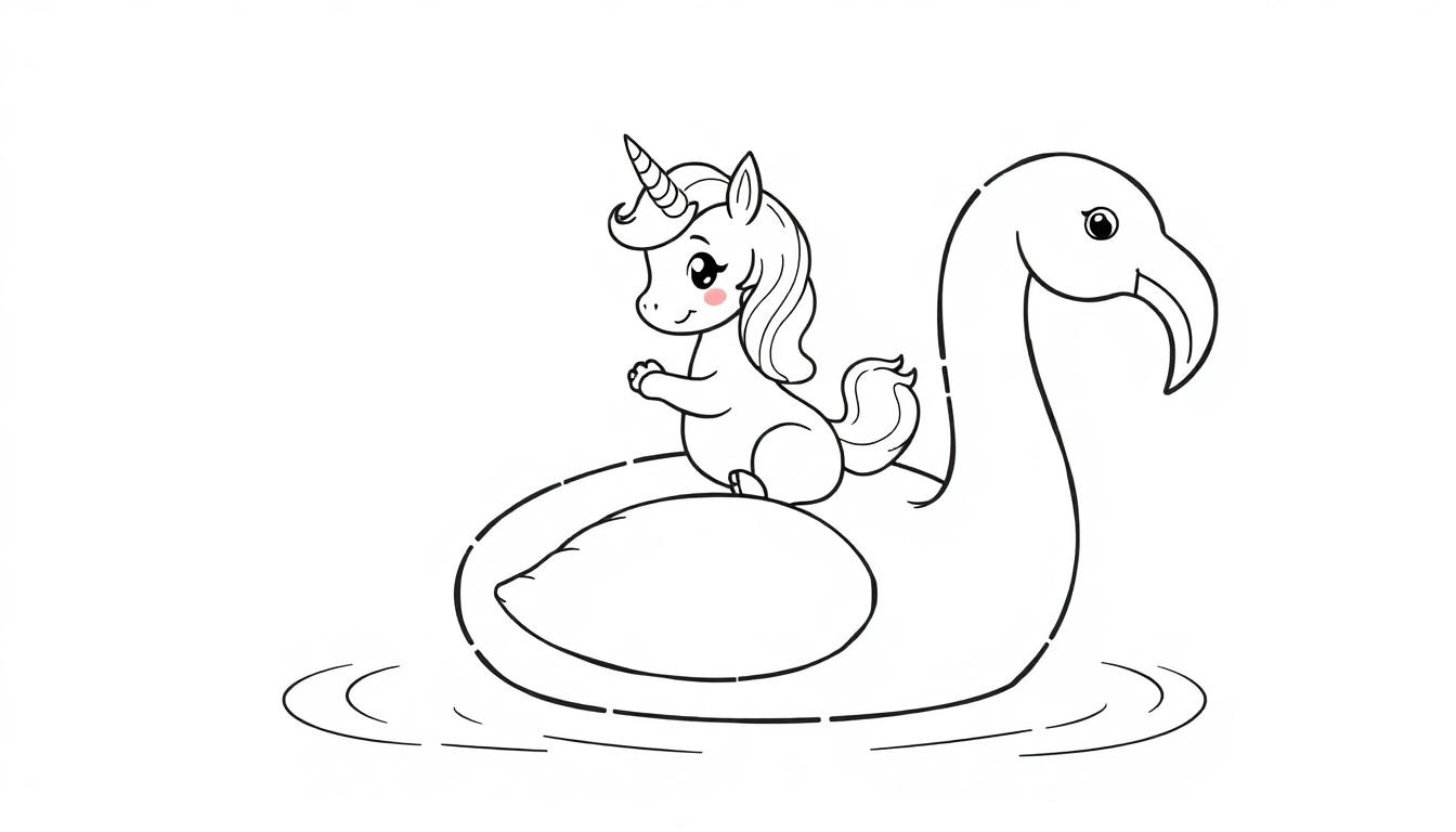 Ein süßes Cartoon-Einhorn auf einem aufblasbaren Flamingo im Wasser, bereit zum Ausmalen, eine Farbtafel.