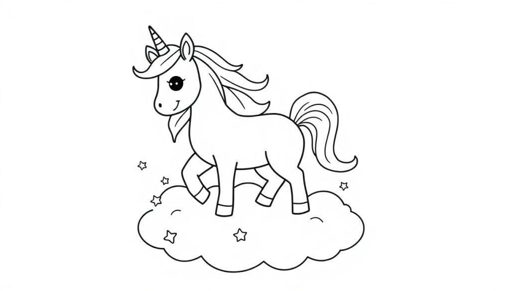 Eine Schwarz-Weiß-Farbtafel eines Cartoon-Einhorns auf einer Wolke, umgeben von Sternen.