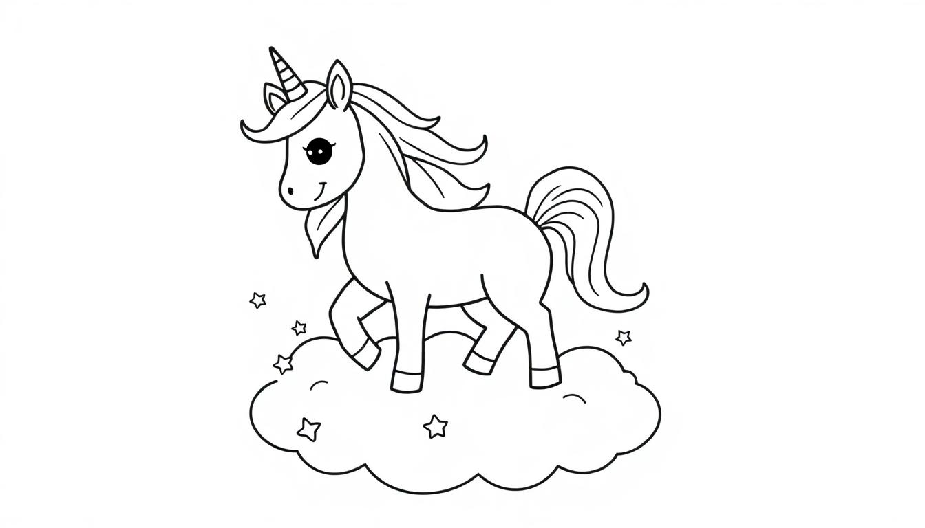 Eine Schwarz-Weiß-Farbtafel eines Cartoon-Einhorns auf einer Wolke, umgeben von Sternen.