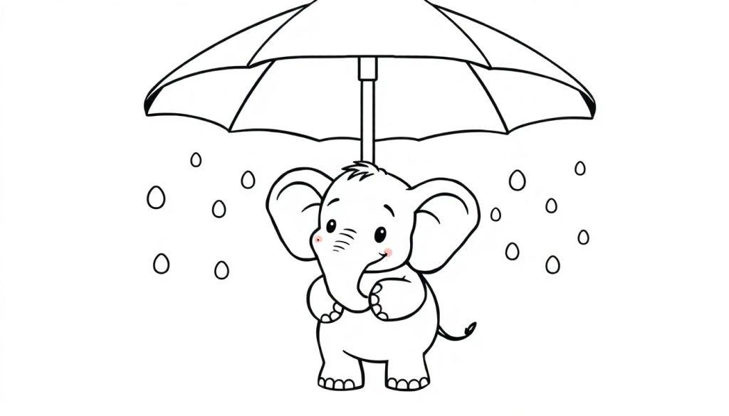 Eine süße Farbtafel-Zeichnung eines Cartoon-Elefanten, der unter einem Regenschirm steht und von Regentropfen umgeben ist.