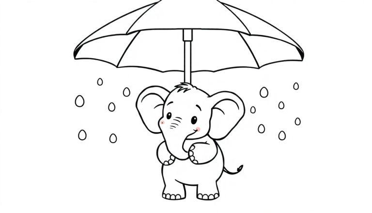 Eine süße Farbtafel-Zeichnung eines Cartoon-Elefanten, der unter einem Regenschirm steht und von Regentropfen umgeben ist.