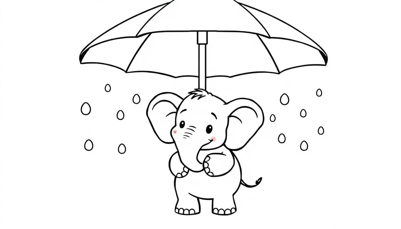 Eine süße Farbtafel-Zeichnung eines Cartoon-Elefanten, der unter einem Regenschirm steht und von Regentropfen umgeben ist.