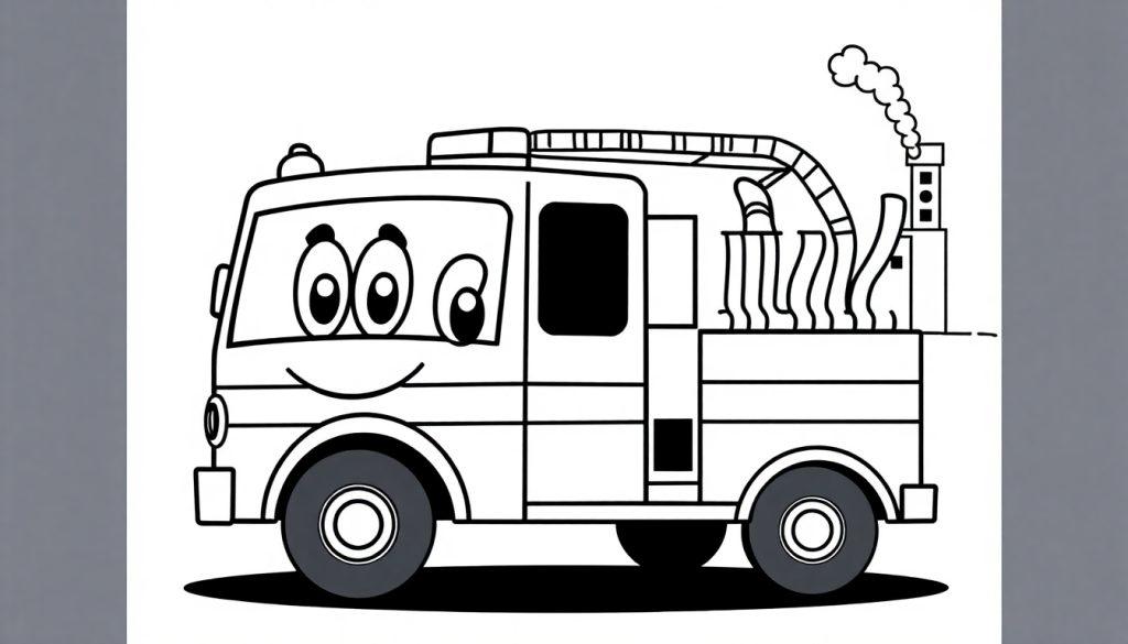 Schwarz-Weiß-Farbtafel eines freundlichen Cartoon-Feuerwehrwagens mit einem großen Wasserschlauch und einer Fabrik im Hintergrund.