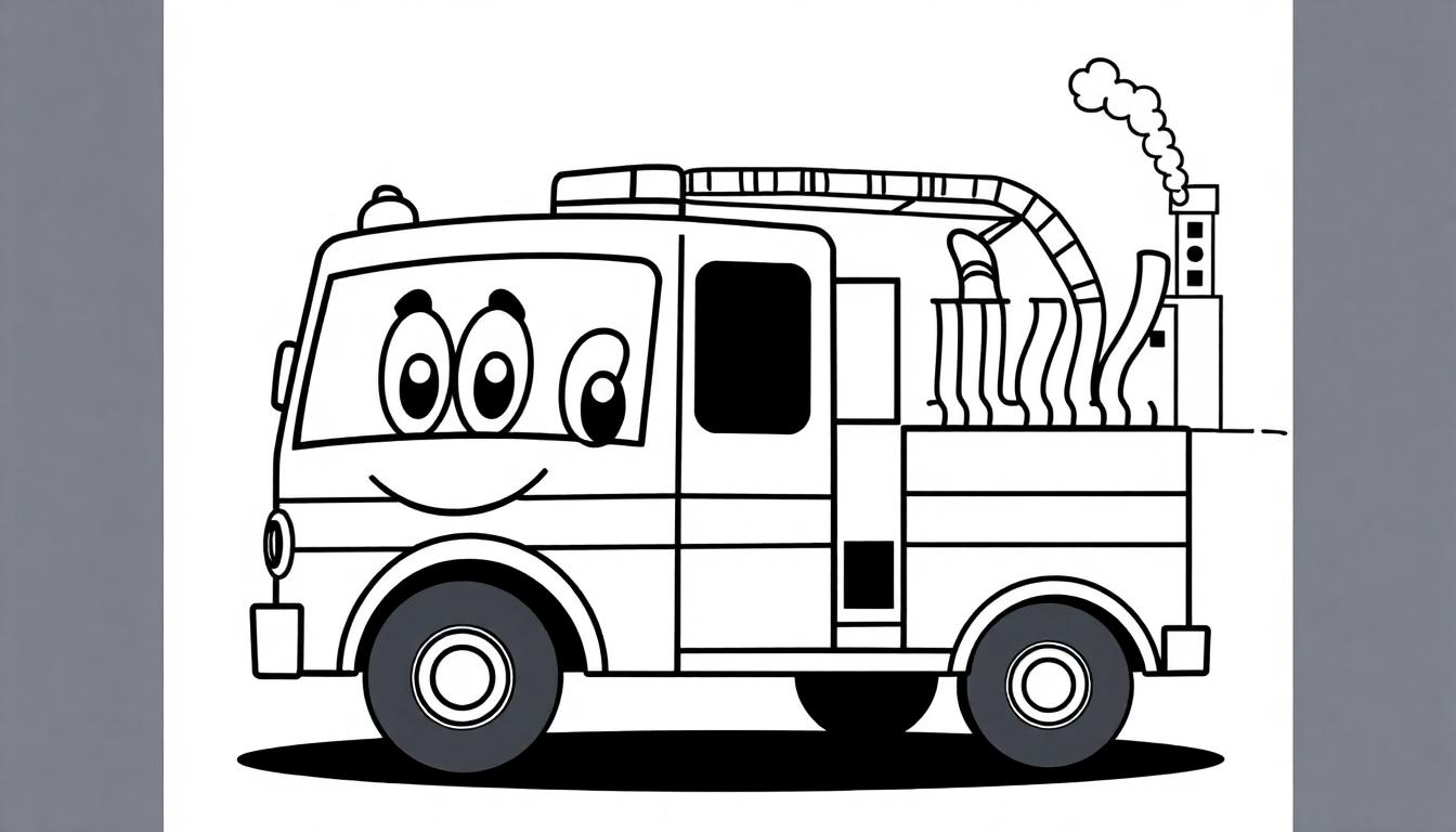 Schwarz-Weiß-Farbtafel eines freundlichen Cartoon-Feuerwehrwagens mit einem großen Wasserschlauch und einer Fabrik im Hintergrund.