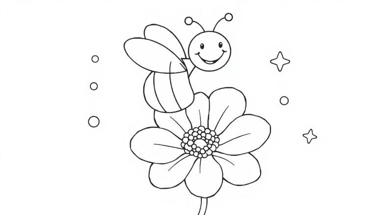 Eine Schwarz-Weiß-Farbtafel-Zeichnung einer Biene mit lächelndem Gesicht auf einer Blume.