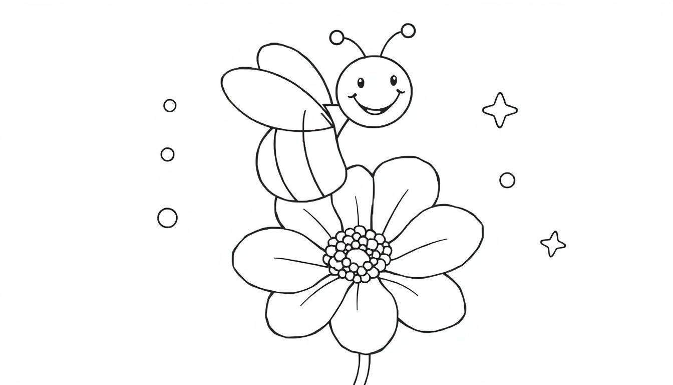 Eine Schwarz-Weiß-Farbtafel-Zeichnung einer Biene mit lächelndem Gesicht auf einer Blume.