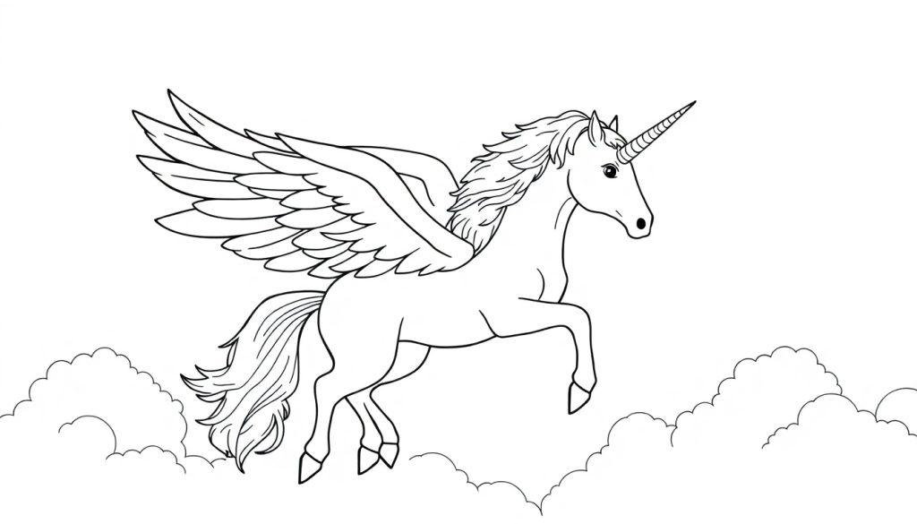 Schwarz-weiß Farbtafel eines fliegenden Einhorns mit Flügeln und einem spiralförmigen Horn, das über Wolken fliegt.