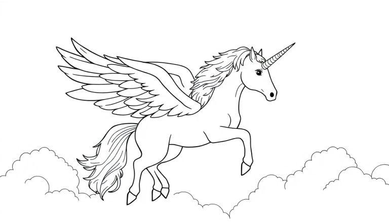 Schwarz-weiß Farbtafel eines fliegenden Einhorns mit Flügeln und einem spiralförmigen Horn, das über Wolken fliegt.