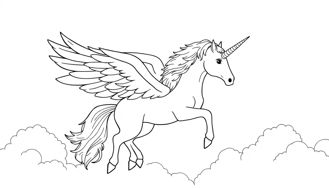 Schwarz-weiß Farbtafel eines fliegenden Einhorns mit Flügeln und einem spiralförmigen Horn, das über Wolken fliegt.
