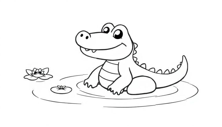 Schwarz-Weiß-Farbtafel eines freundlichen Cartoon-Alligators im Teich mit Seerose.