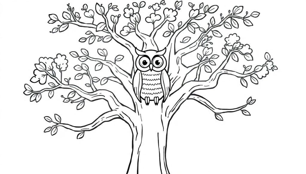 Eine Strichzeichnung eines freundlichen Baumes mit Ästen und einer kleinen Eule, bereit zum Ausmalen als Farbtafel.