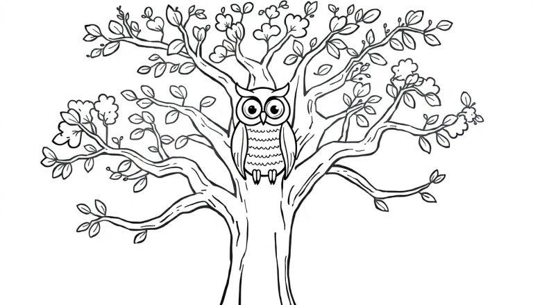 Eine Strichzeichnung eines freundlichen Baumes mit Ästen und einer kleinen Eule, bereit zum Ausmalen als Farbtafel.