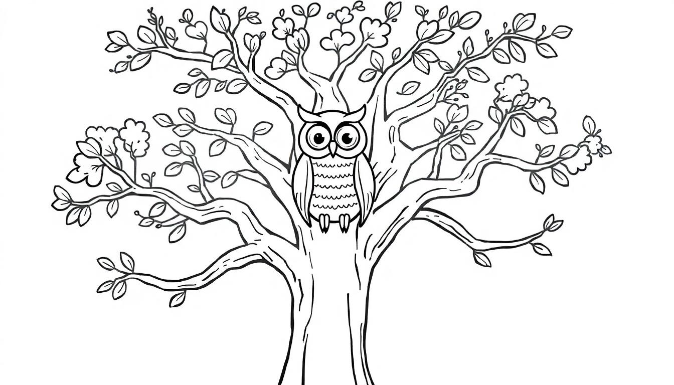Eine Strichzeichnung eines freundlichen Baumes mit Ästen und einer kleinen Eule, bereit zum Ausmalen als Farbtafel.