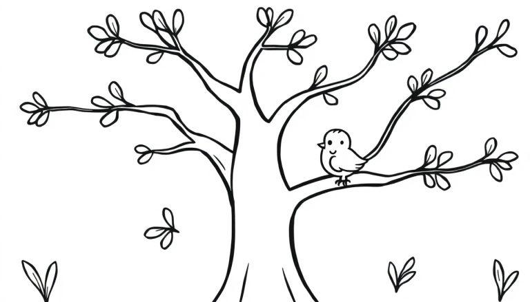 Schwarz-Weiß-Farbtafel-Zeichnung eines lächelnden Baumes mit einem Vogel.