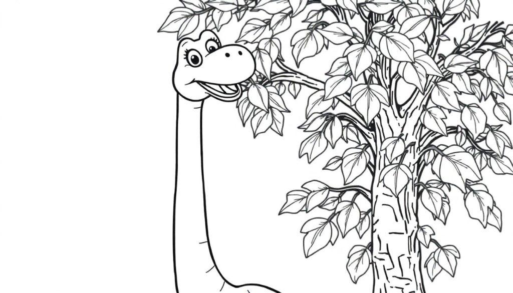 Schwarz-Weiß-Farbtafel-Zeichnung eines freundlichen Brachiosaurus, der Blätter von einem Baum frisst.