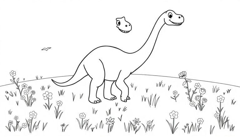 Schwarz-weiße Farbtafel eines freundlichen Dinosauriers mit langem Hals auf einer Blumenwiese, mit einem schwebenden Kopf darüber und einem kleinen Vogel in der Ferne.