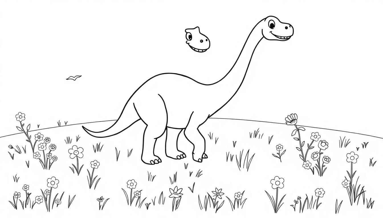 Schwarz-weiße Farbtafel eines freundlichen Dinosauriers mit langem Hals auf einer Blumenwiese, mit einem schwebenden Kopf darüber und einem kleinen Vogel in der Ferne.