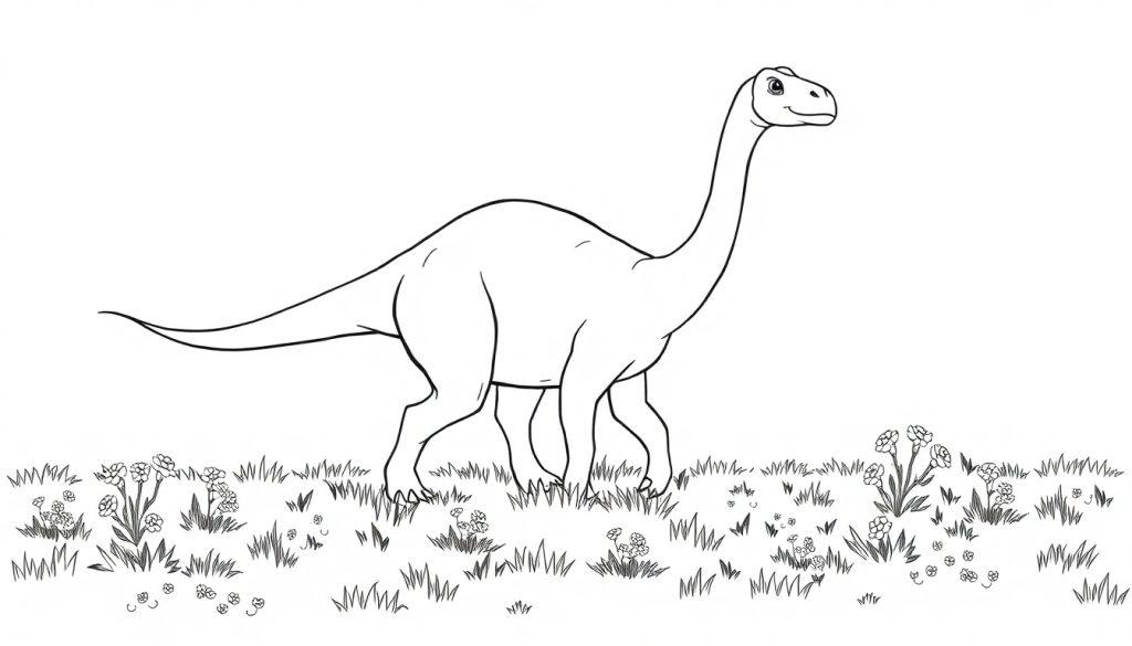 Eine Schwarzweiß-Farbtafel eines freundlichen Brachiosaurus auf einer sonnigen Wiese.