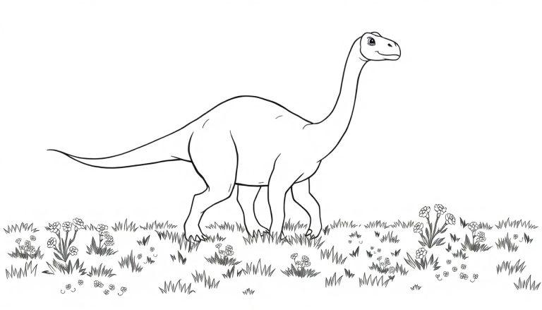 Eine Schwarzweiß-Farbtafel eines freundlichen Brachiosaurus auf einer sonnigen Wiese.