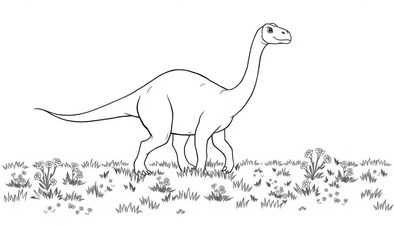 Eine Schwarzweiß-Farbtafel eines freundlichen Brachiosaurus auf einer sonnigen Wiese.