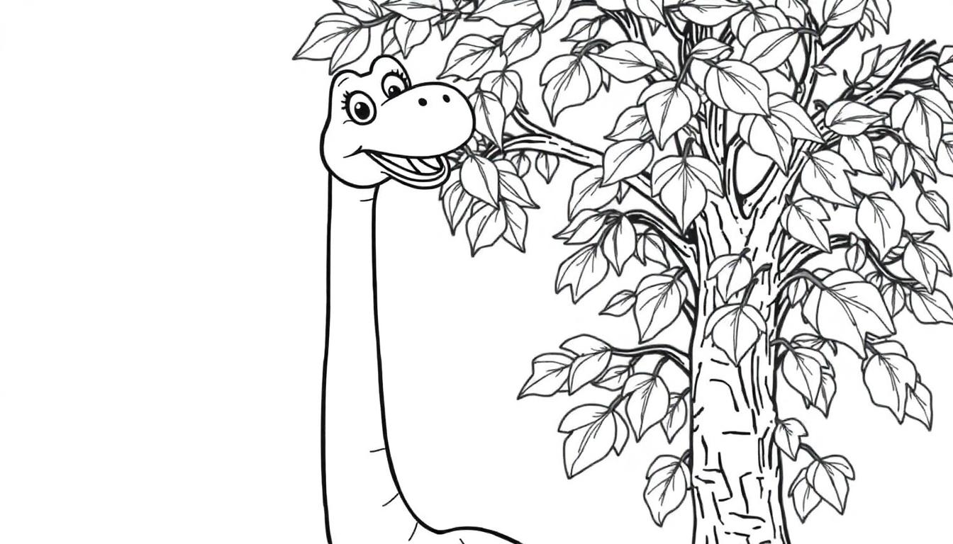 Schwarz-Weiß-Farbtafel-Zeichnung eines freundlichen Brachiosaurus, der Blätter von einem Baum frisst.