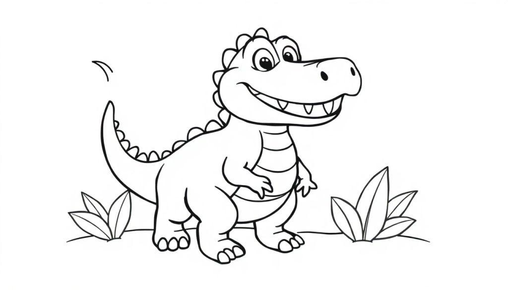 Eine schwarz-weiße Farbtafel-Zeichnung eines lächelnden Dinosauriers mit stacheligem Rücken und stämmigen Beinen, umgeben von einfachen Pflanzen.