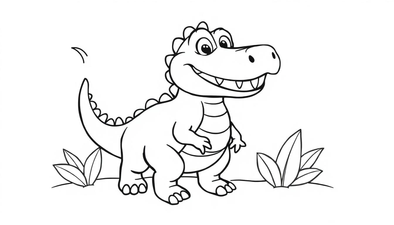 Eine schwarz-weiße Farbtafel-Zeichnung eines lächelnden Dinosauriers mit stacheligem Rücken und stämmigen Beinen, umgeben von einfachen Pflanzen.