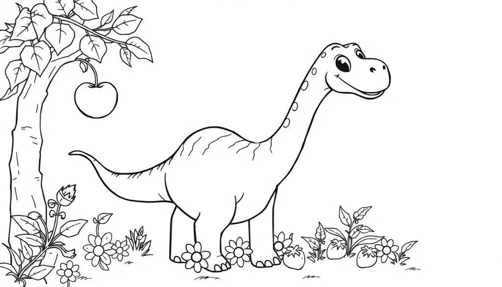 Schwarz-Weiß-Farbtafel eines freundlichen Dinosauriers, der im Garten steht.